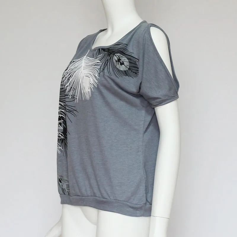 Casual Trendy Women's Feather Print O-neck Tops Of Short Sleeve Or Off Shoulder