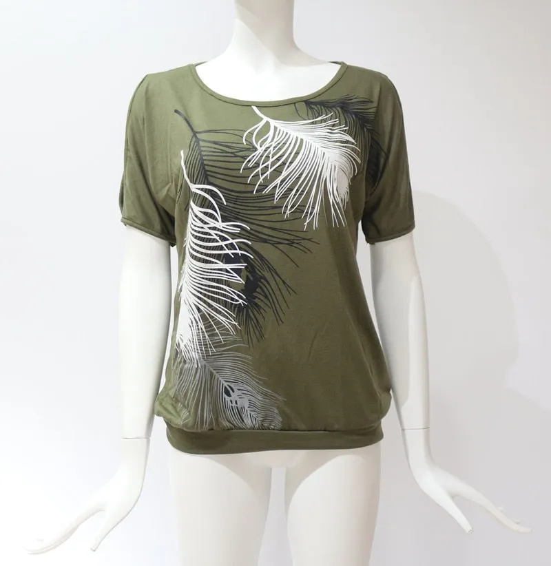 Casual Trendy Women's Feather Print O-neck Tops Of Short Sleeve Or Off Shoulder