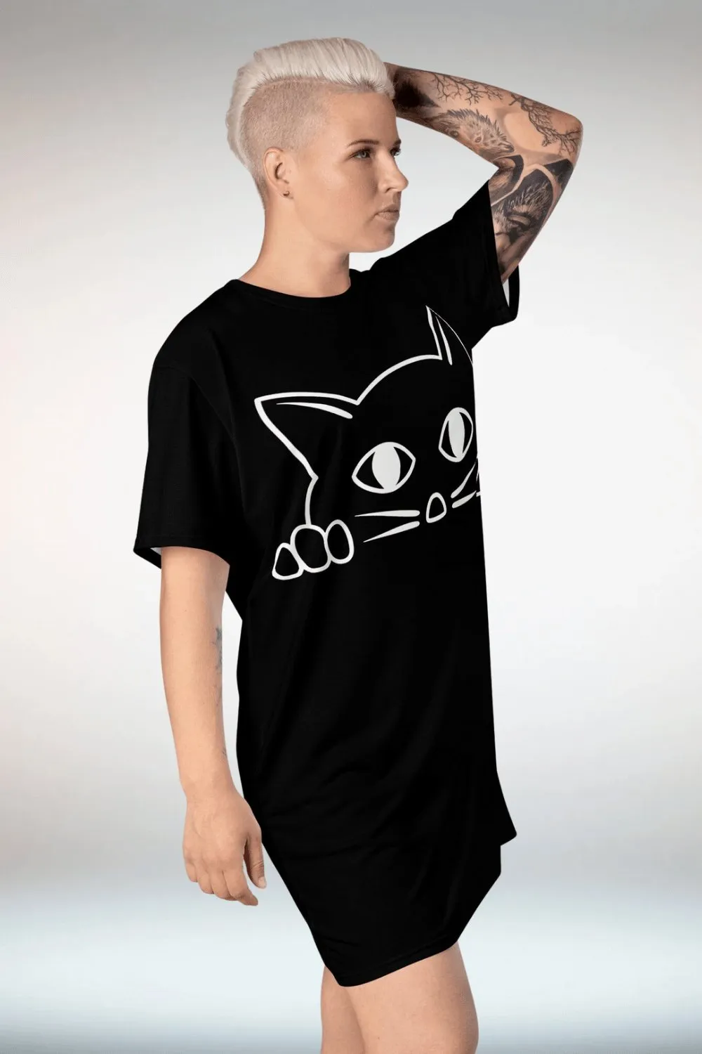 Cat Print Black T Shirt Dress