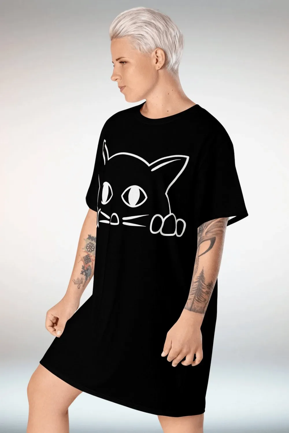 Cat Print Black T Shirt Dress