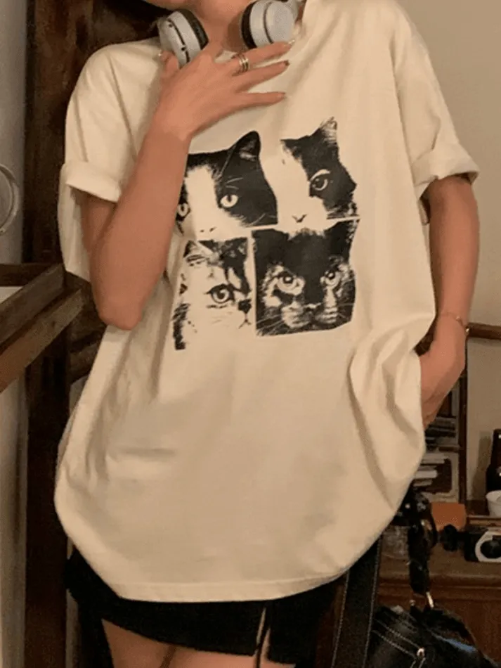 Cat Print Loose Oversized Short Sleeve Tee