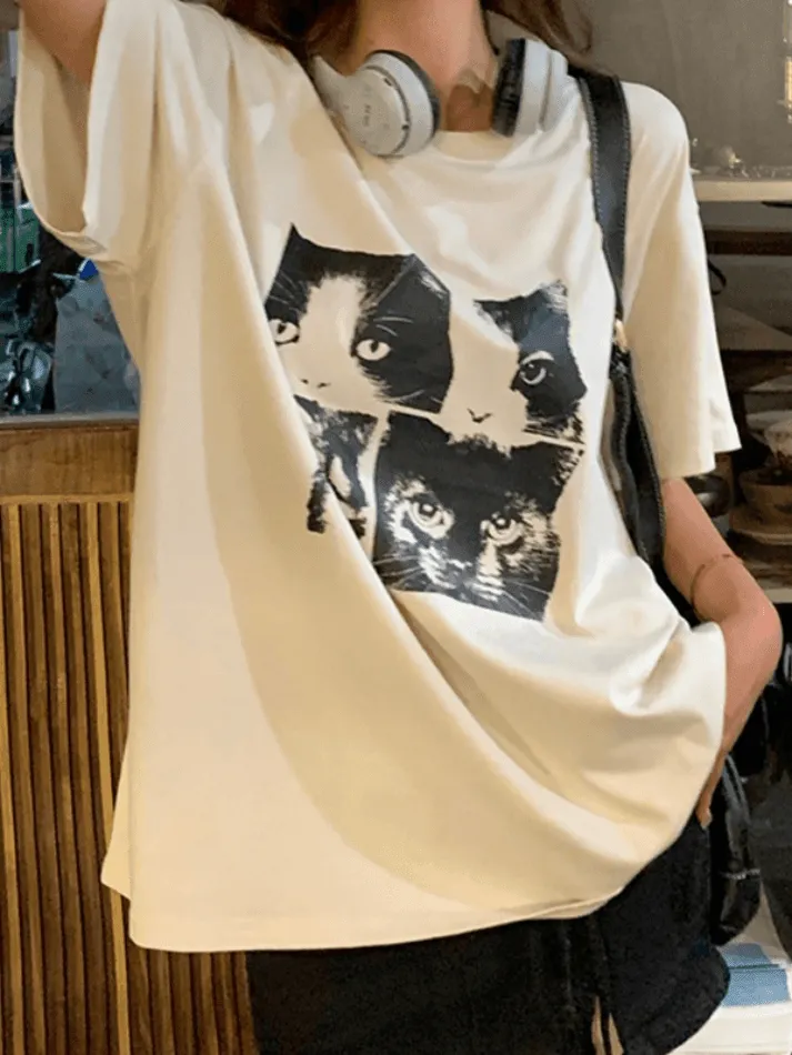 Cat Print Loose Oversized Short Sleeve Tee
