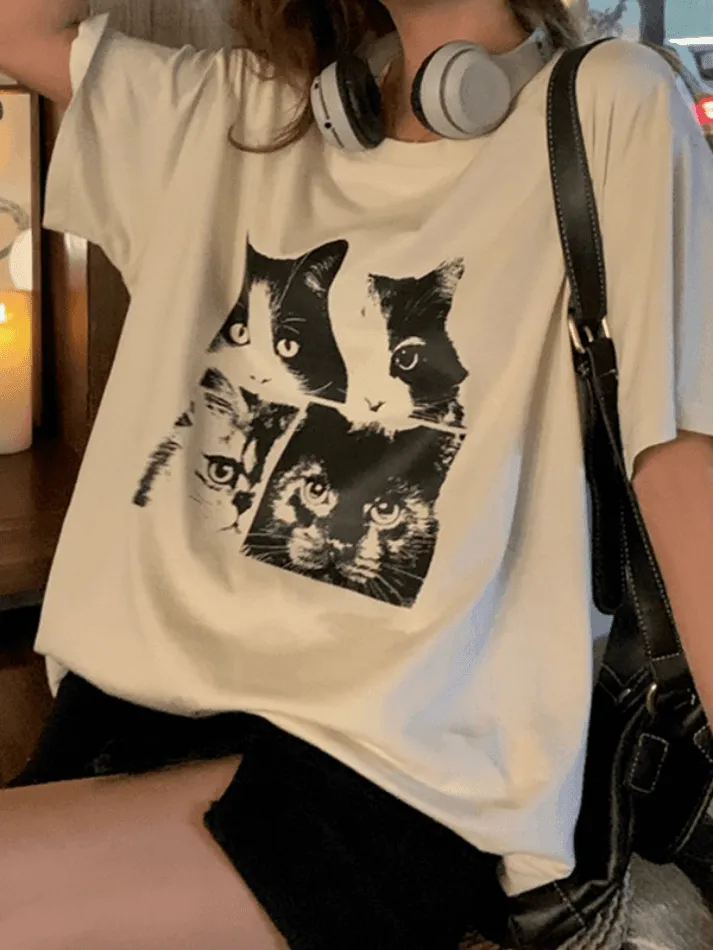Cat Print Loose Oversized Short Sleeve Tee