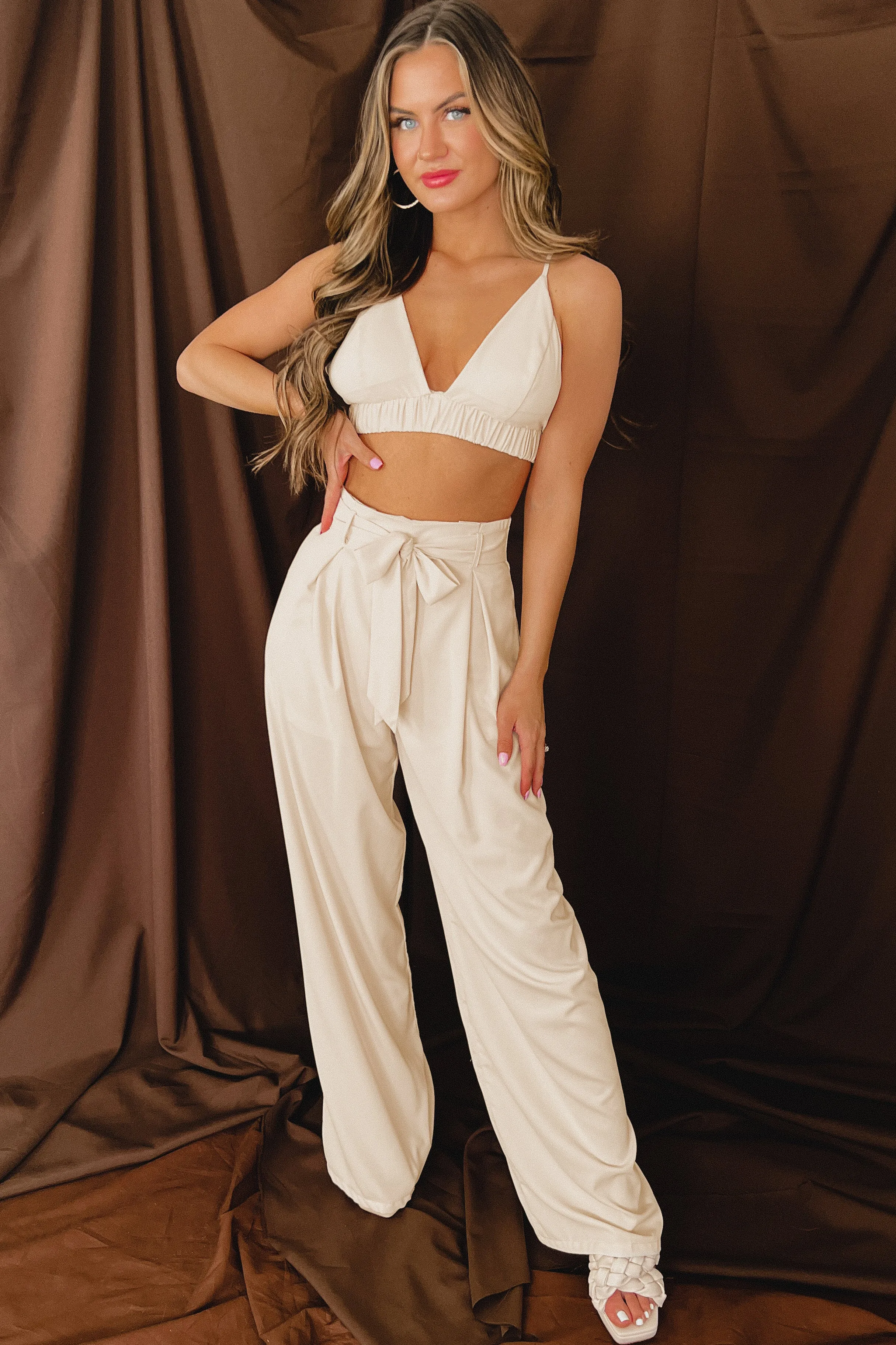 Chic Selections Crop Top & Wide Leg Pants Set (Cream)