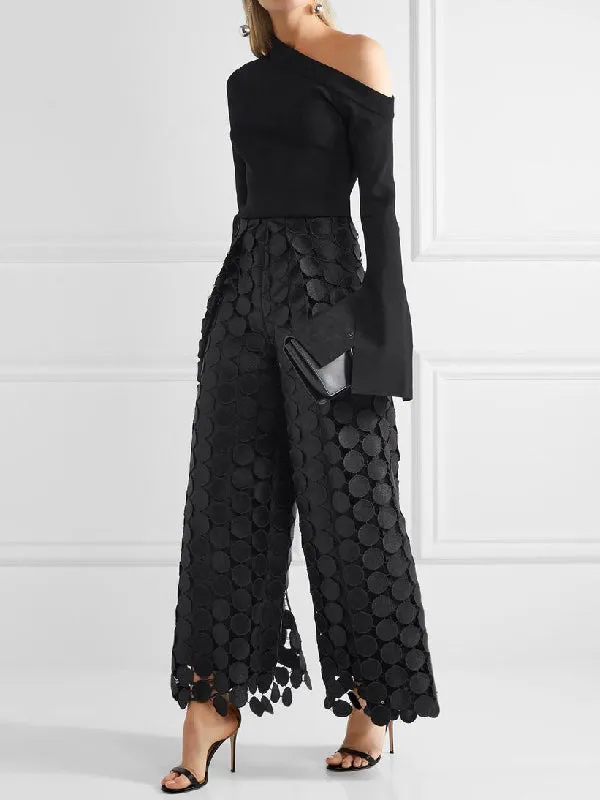 Chicmy-High Waisted Wide Leg Hollow Polka Dot Solid Color Pants Trousers