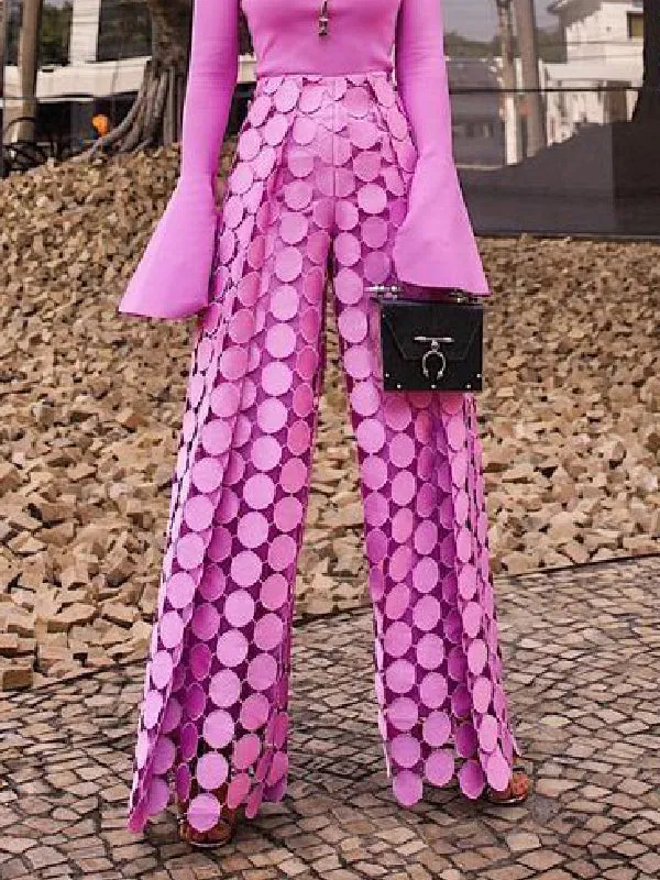 Chicmy-High Waisted Wide Leg Hollow Polka Dot Solid Color Pants Trousers