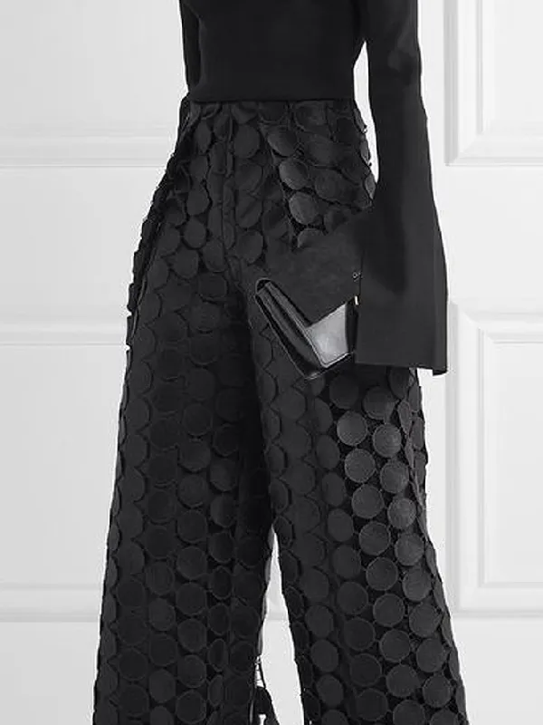 Chicmy-High Waisted Wide Leg Hollow Polka Dot Solid Color Pants Trousers
