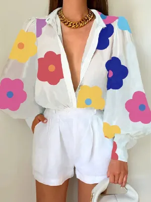Chicmy-Long Sleeves Loose Floral Printed Deep V-Neck Blouses&Shirts Tops