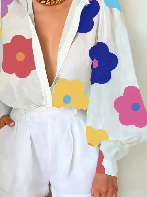 Chicmy-Long Sleeves Loose Floral Printed Deep V-Neck Blouses&Shirts Tops