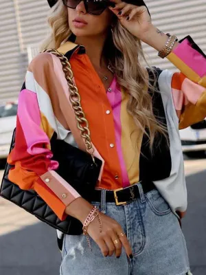 Chicmy-Stylish Selection Long Sleeves Loose Contrast Color Lapel Collar Blouses&Shirts Tops