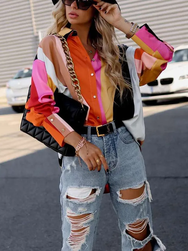 Chicmy-Stylish Selection Long Sleeves Loose Contrast Color Lapel Collar Blouses&Shirts Tops