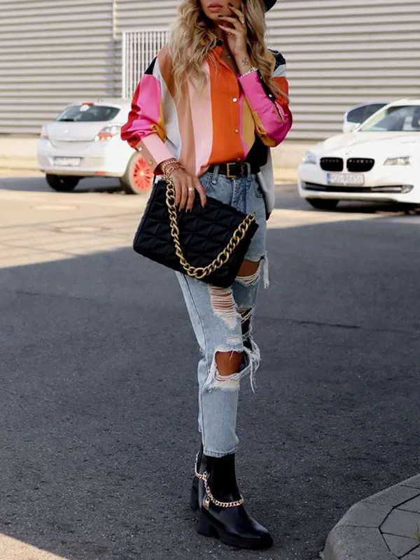 Chicmy-Stylish Selection Long Sleeves Loose Contrast Color Lapel Collar Blouses&Shirts Tops