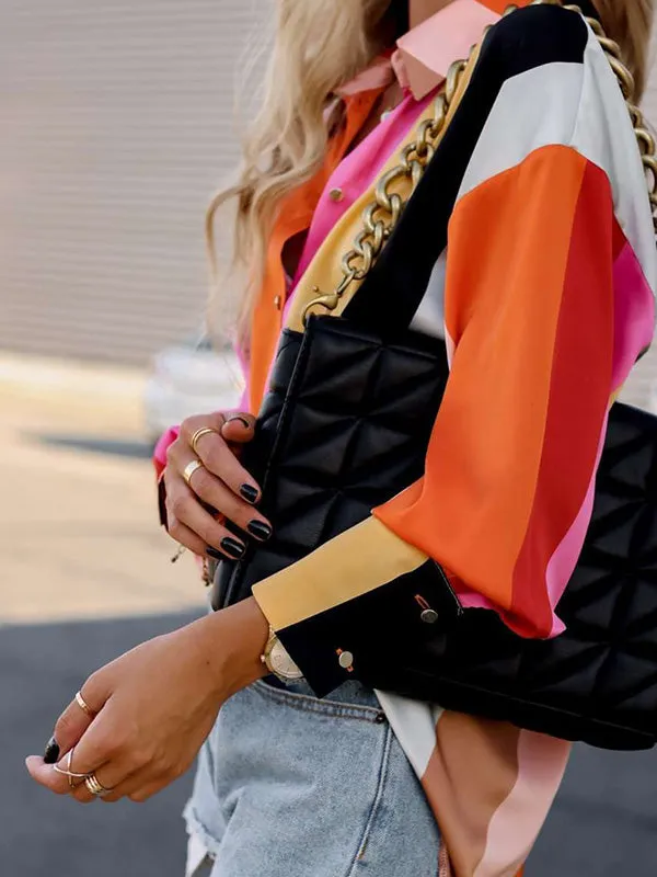 Chicmy-Stylish Selection Long Sleeves Loose Contrast Color Lapel Collar Blouses&Shirts Tops