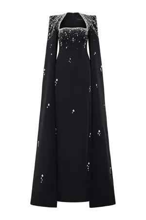 Cisneros Cape Queen Anne Neck Velvet Satin Floor Length Dress