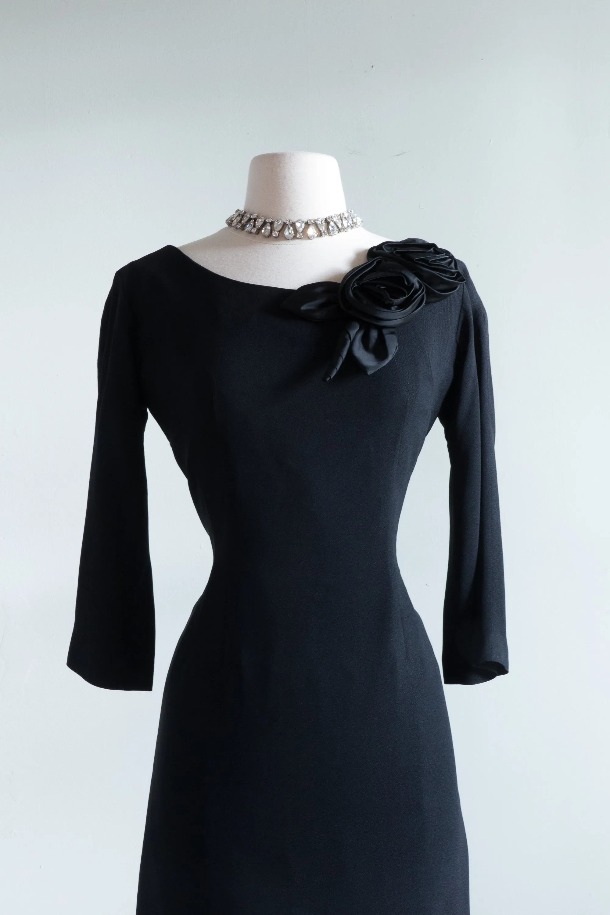 Classic 1950's Little Black Cocktail Dress With Rosettes By Jack Stern / M