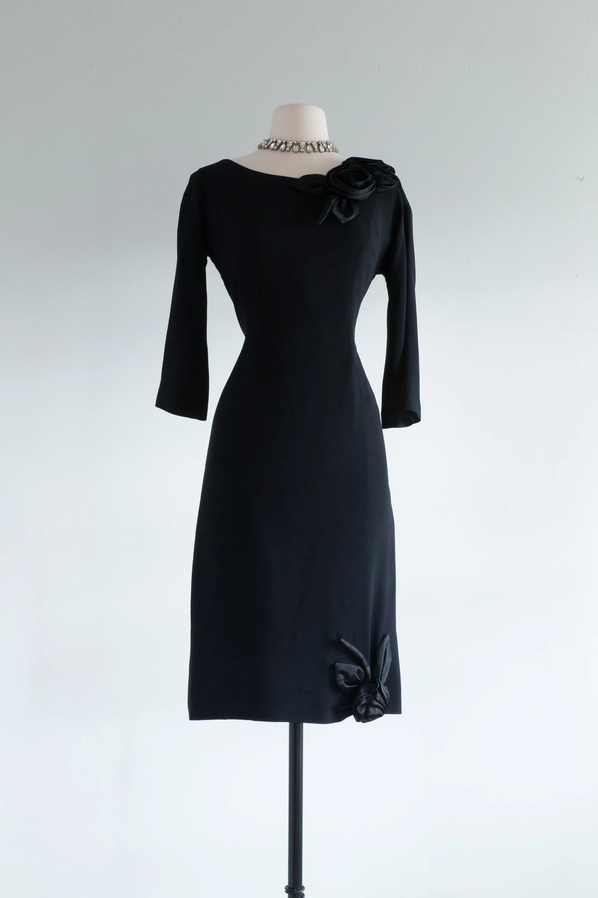Classic 1950's Little Black Cocktail Dress With Rosettes By Jack Stern / M