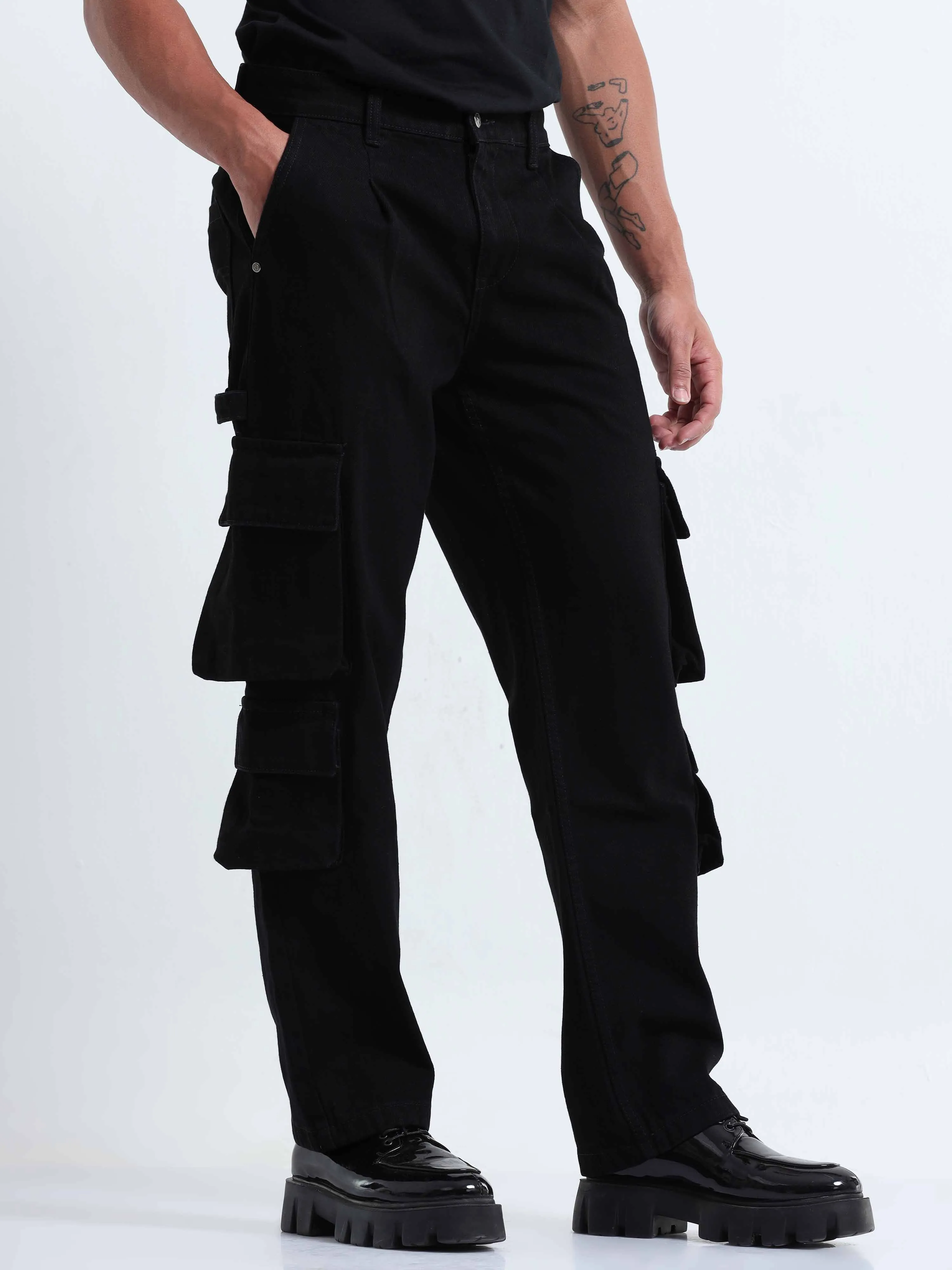 Classic Relaxed Black Double Cargo Denim