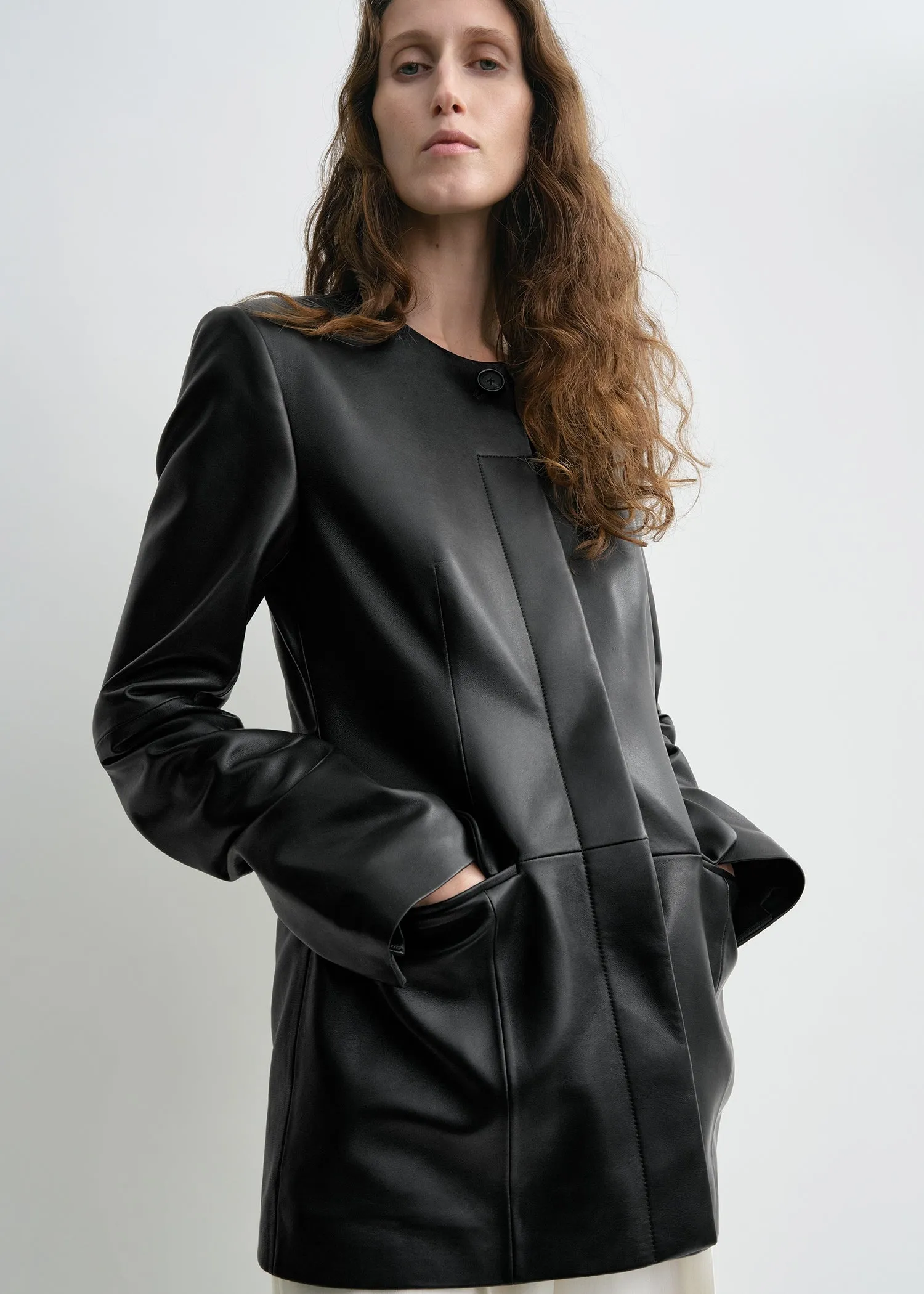 Collarless leather jacket black