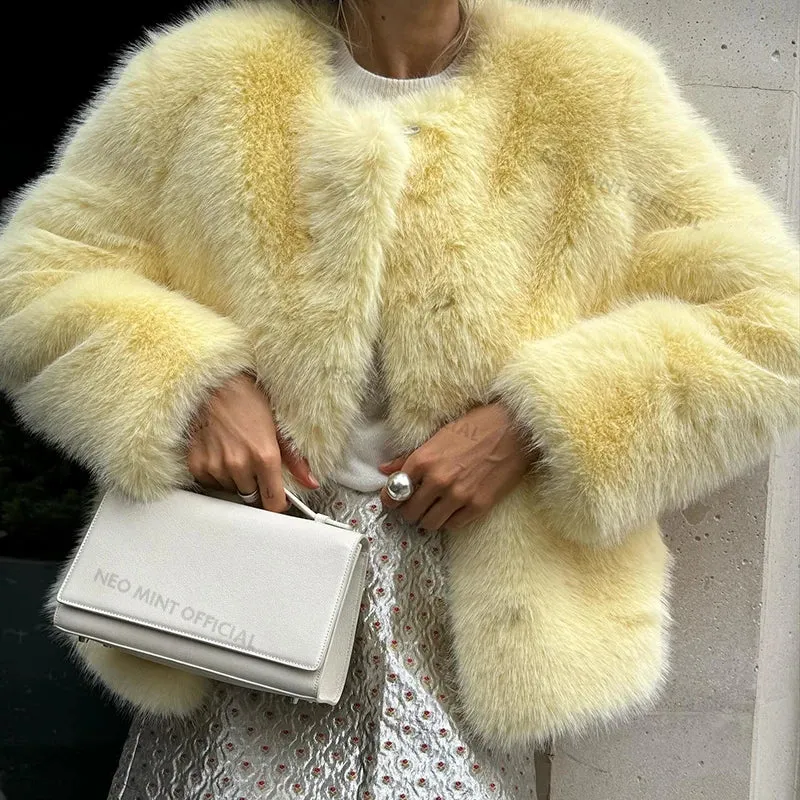 Cool Street Winter Fashion Fluffy Fur Jacket Round Neck Faux Fur Coat