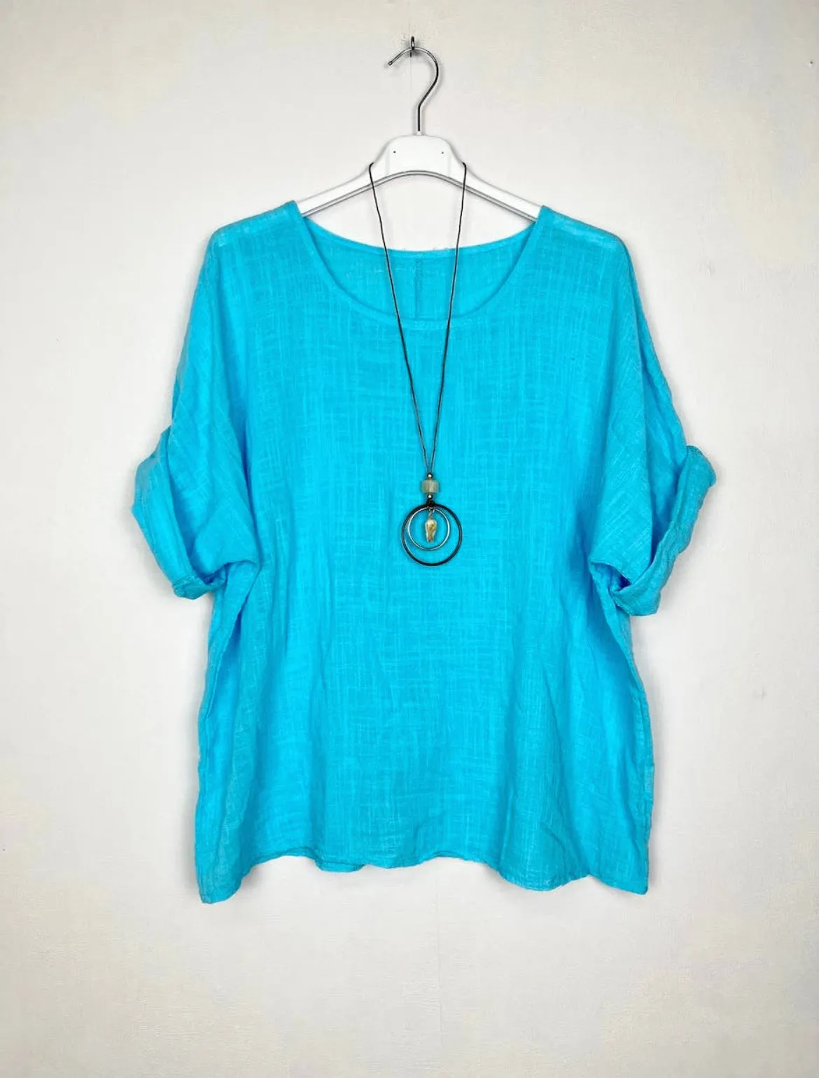 Cotton Blouse Solid Color w/Necklace