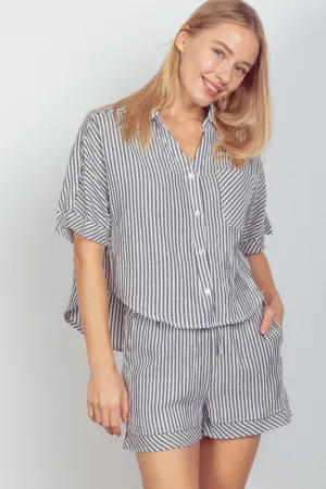 Cotton Gauze Striped Shirt Top & Shorts Set