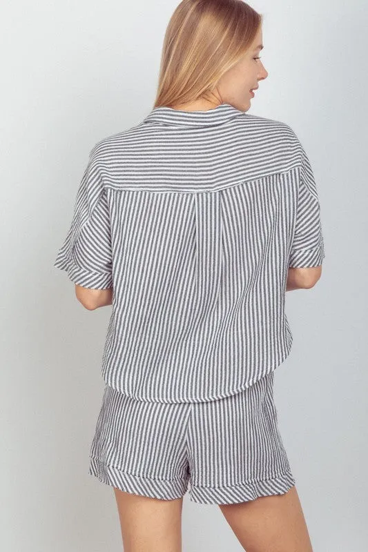 Cotton Gauze Striped Shirt Top & Shorts Set