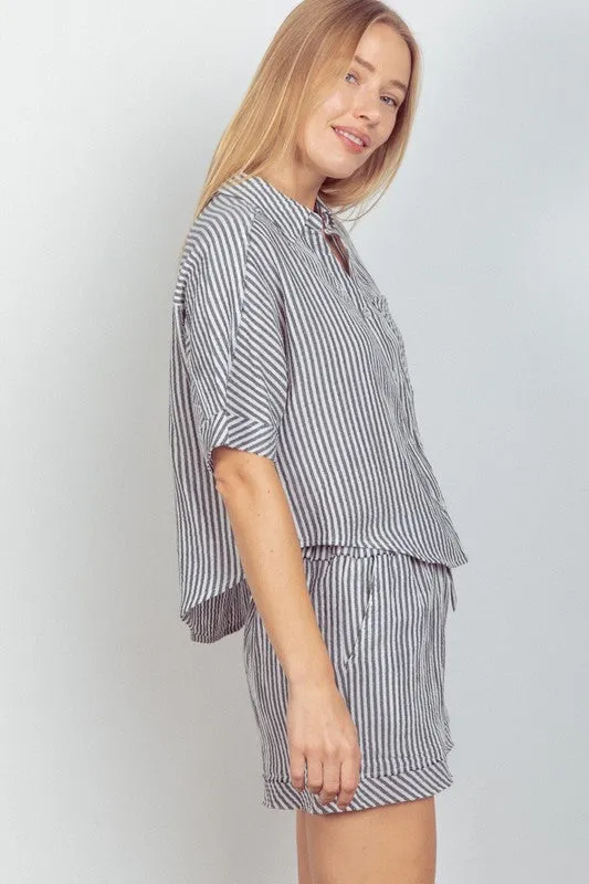 Cotton Gauze Striped Shirt Top & Shorts Set