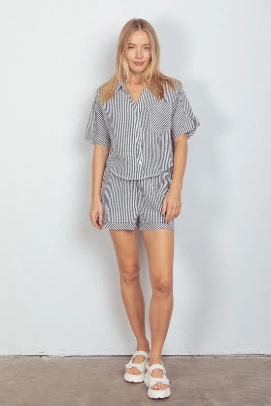 Cotton Gauze Striped Shirt Top & Shorts Set