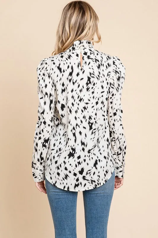 Cream Leopard Print Long Sleeve Cowl Neck Shirts Blouses
