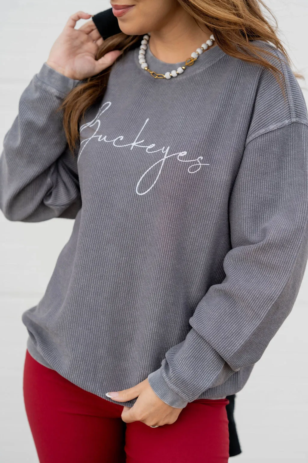 Cursive Buckeyes Ribbed Graphic Crewneck