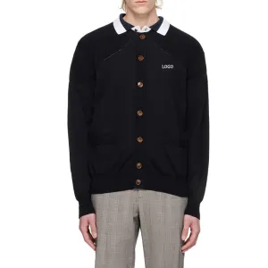 Custom Men's Black Wool Blend Cardigan with Logo - OEM/ODM Knit Sweater Manufacturer
