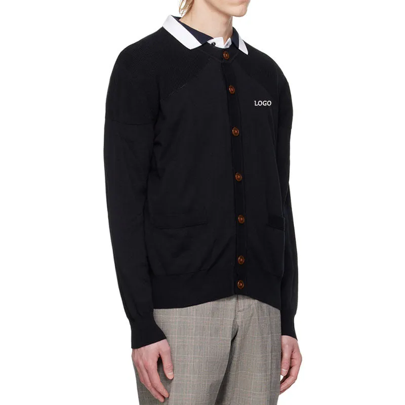 Custom Men's Black Wool Blend Cardigan with Logo - OEM/ODM Knit Sweater Manufacturer