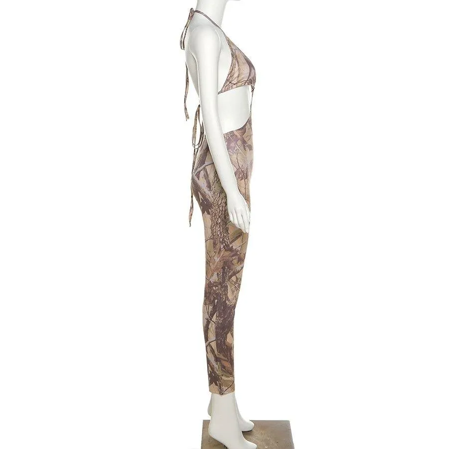 Cut Out Aesthetic Print Jumpsuit Women Backless Bandage Outfits