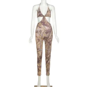 Cut Out Aesthetic Print Jumpsuit Women Backless Bandage Outfits
