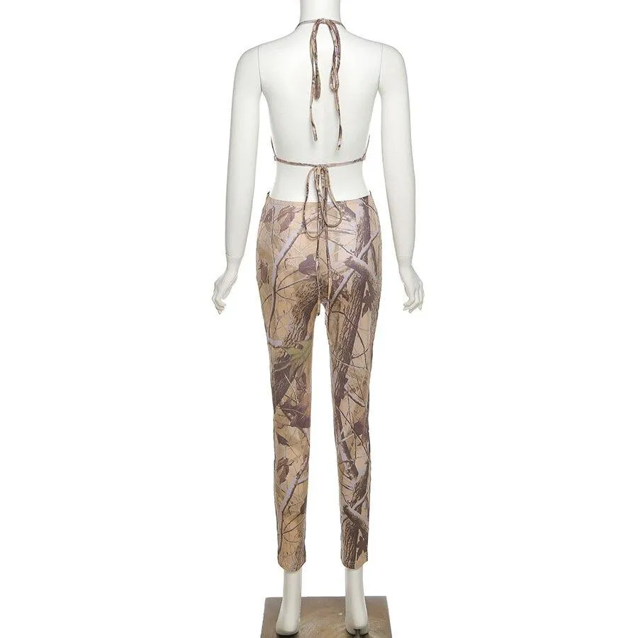 Cut Out Aesthetic Print Jumpsuit Women Backless Bandage Outfits
