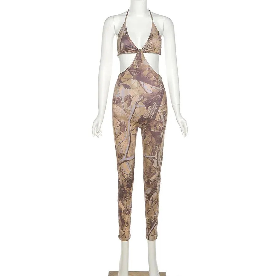 Cut Out Aesthetic Print Jumpsuit Women Backless Bandage Outfits