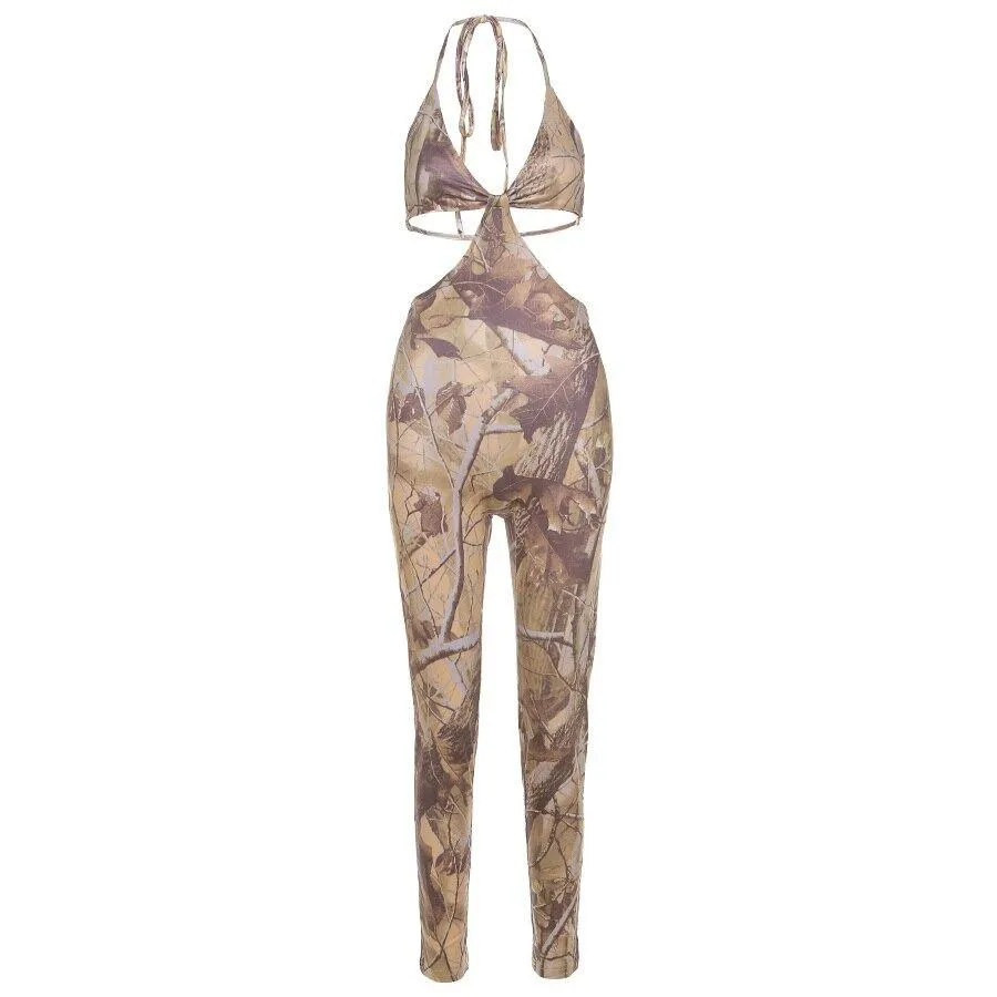 Cut Out Aesthetic Print Jumpsuit Women Backless Bandage Outfits