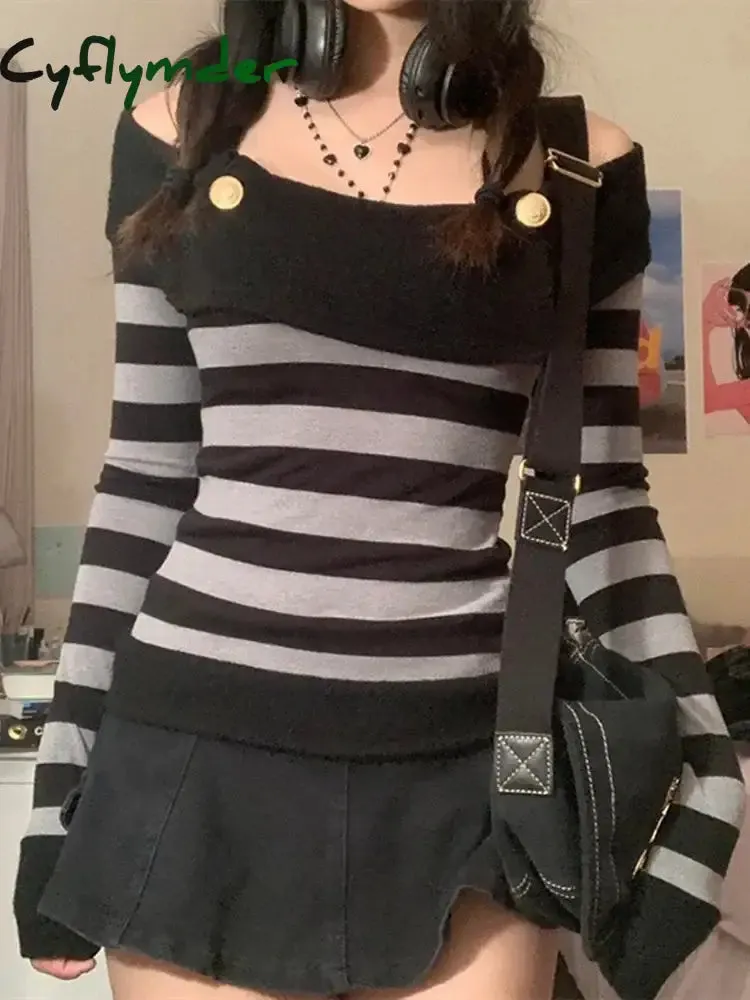Cyflymder FALL OUTFITS Womens Autumn Tops Y2K Aesthetic Gothic Retro Clothes Off Shoulder Long Sleeve Shirts Striped Slim Fit Tops and Blouses