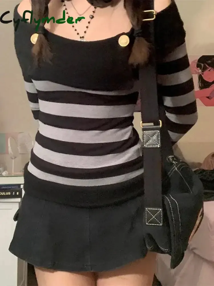 Cyflymder FALL OUTFITS Womens Autumn Tops Y2K Aesthetic Gothic Retro Clothes Off Shoulder Long Sleeve Shirts Striped Slim Fit Tops and Blouses
