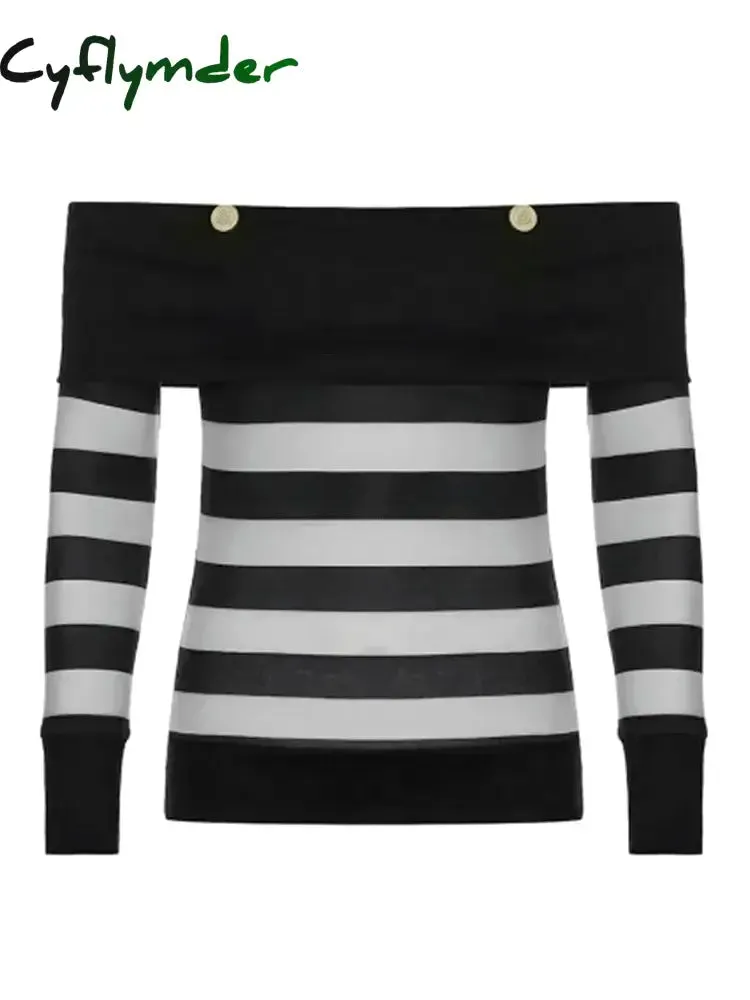 Cyflymder FALL OUTFITS Womens Autumn Tops Y2K Aesthetic Gothic Retro Clothes Off Shoulder Long Sleeve Shirts Striped Slim Fit Tops and Blouses