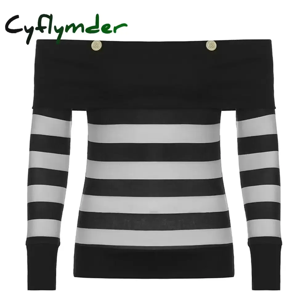 Cyflymder FALL OUTFITS Womens Autumn Tops Y2K Aesthetic Gothic Retro Clothes Off Shoulder Long Sleeve Shirts Striped Slim Fit Tops and Blouses