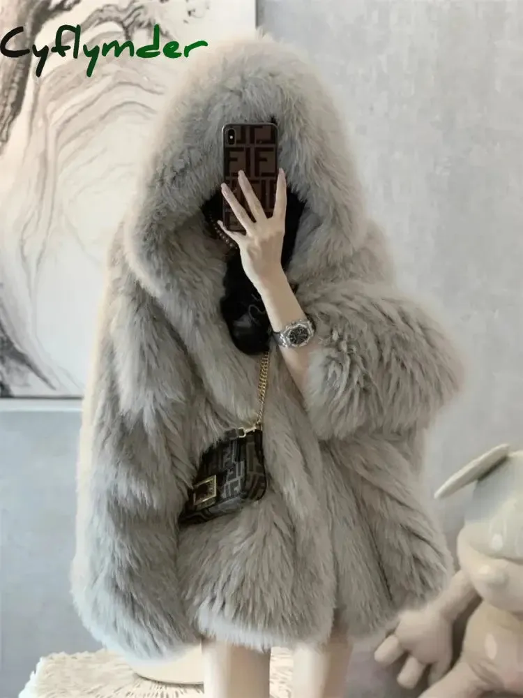 Cyflymder winter winery outfit Trendy Hooded Faux Fox Fur Coats super Warm Winter Furry Jacket Women Streetwear Plush Clothing Loose Casual Whiter Chaquetas
