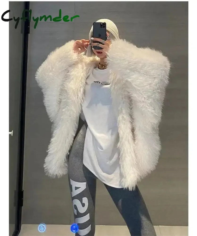 Cyflymder winter winery outfit Trendy Hooded Faux Fox Fur Coats super Warm Winter Furry Jacket Women Streetwear Plush Clothing Loose Casual Whiter Chaquetas