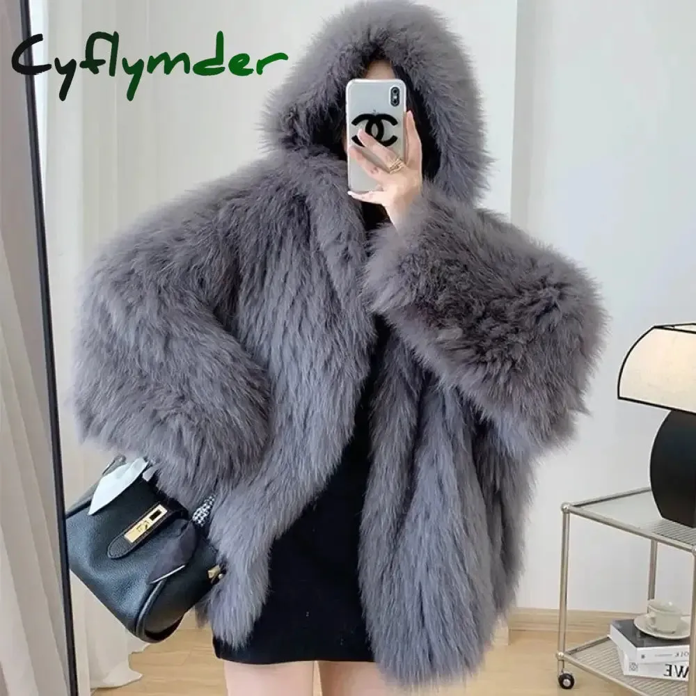 Cyflymder winter winery outfit Trendy Hooded Faux Fox Fur Coats super Warm Winter Furry Jacket Women Streetwear Plush Clothing Loose Casual Whiter Chaquetas