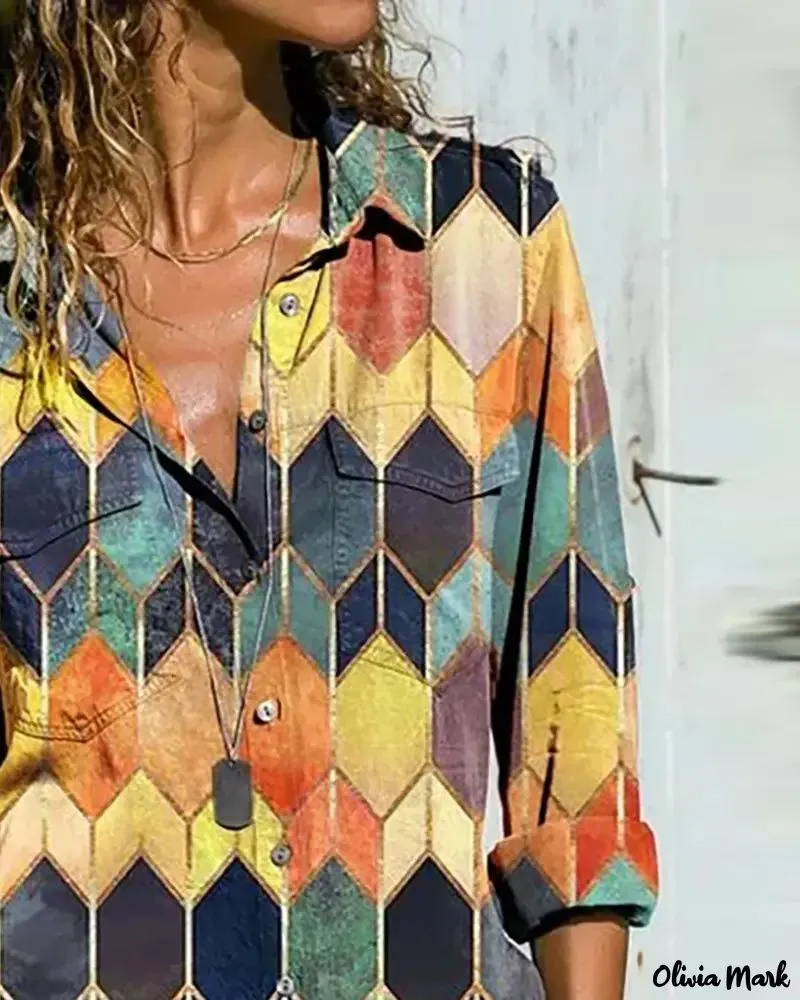 Deanwangkt - Color Block Geometric Print Long Sleeve Shirt