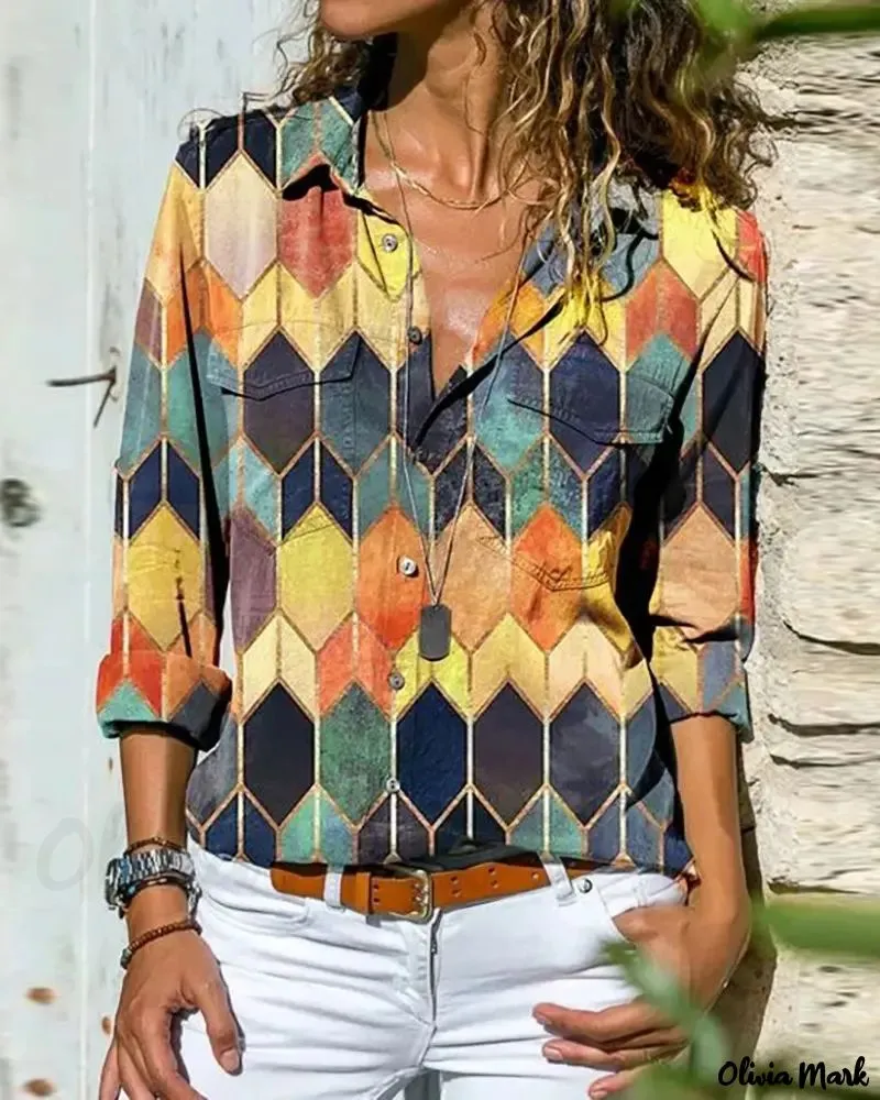 Deanwangkt - Color Block Geometric Print Long Sleeve Shirt