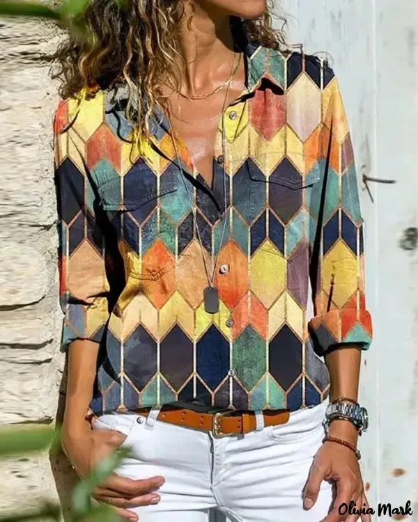 Deanwangkt - Color Block Geometric Print Long Sleeve Shirt