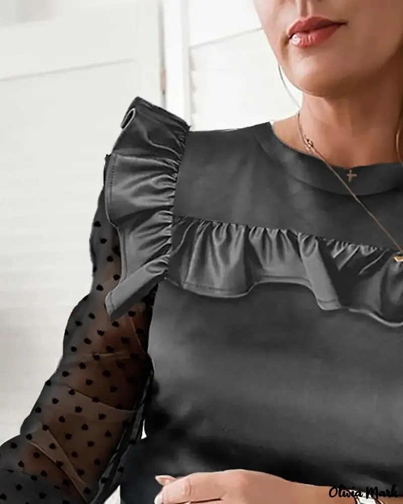 Deanwangkt - Polka Dot Knit Ruffle Hem Long Sleeve Top