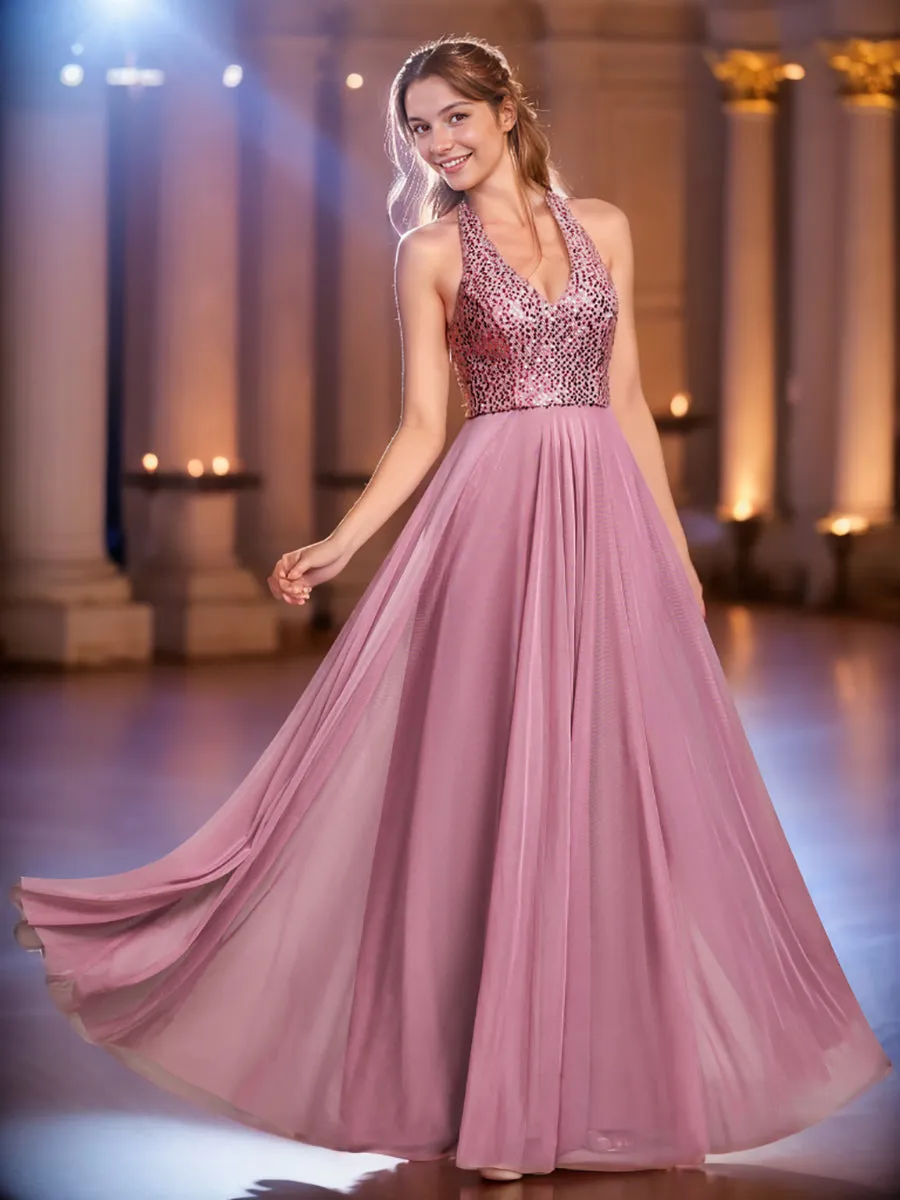 deep v-neck bead mesh sleeveless  Evening Dresses