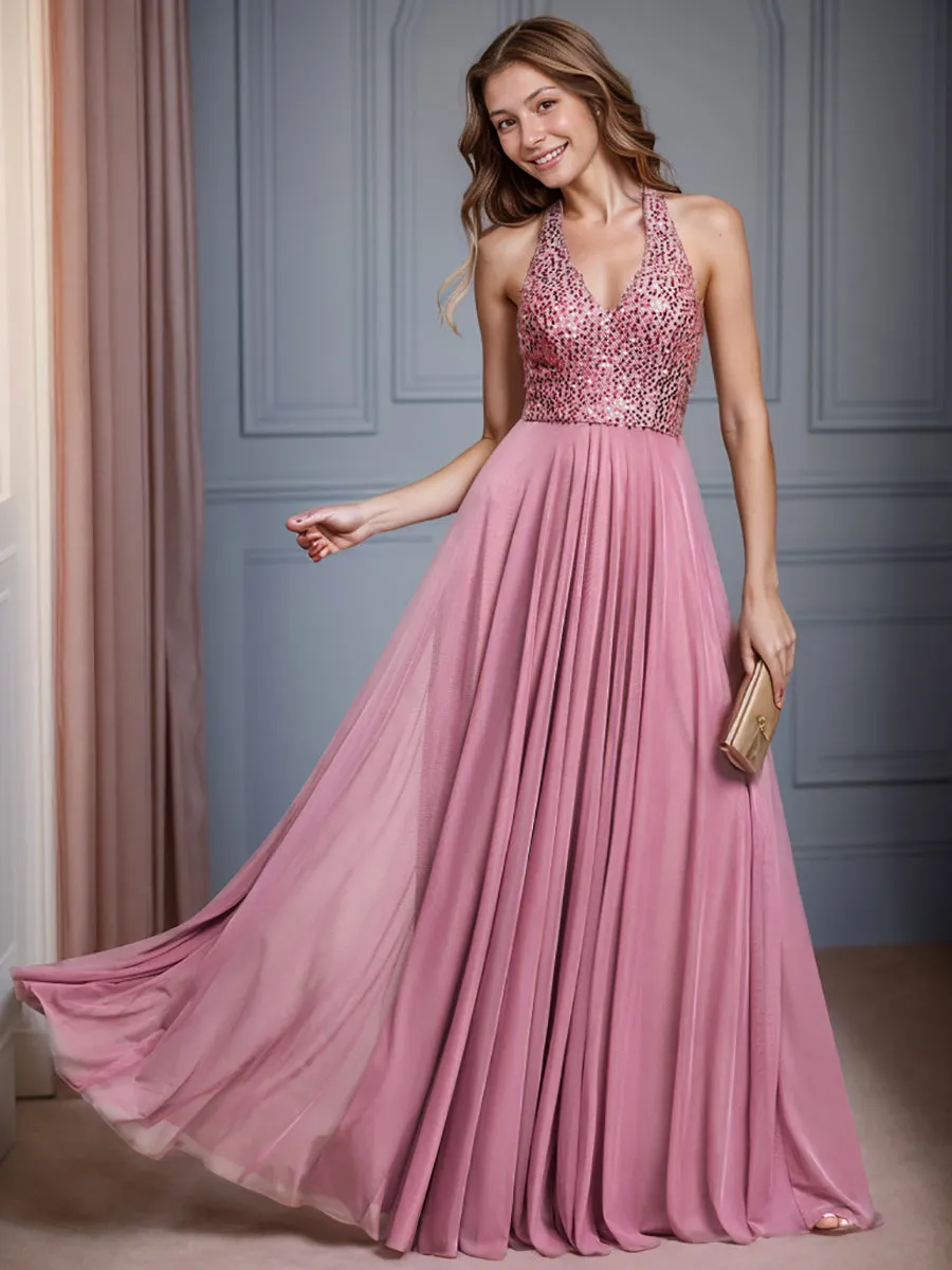 deep v-neck bead mesh sleeveless  Evening Dresses